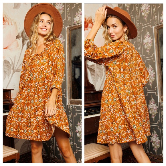 35 Bohemian Quarter Sleeve Tie Front Dress - Picture 3 of 6